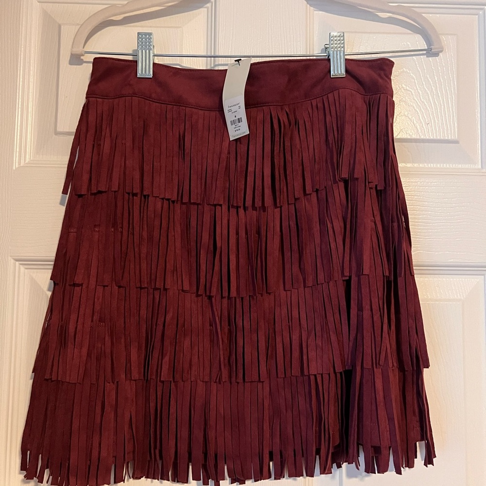Francesca's Collections Wine Fringe Mini Skirt